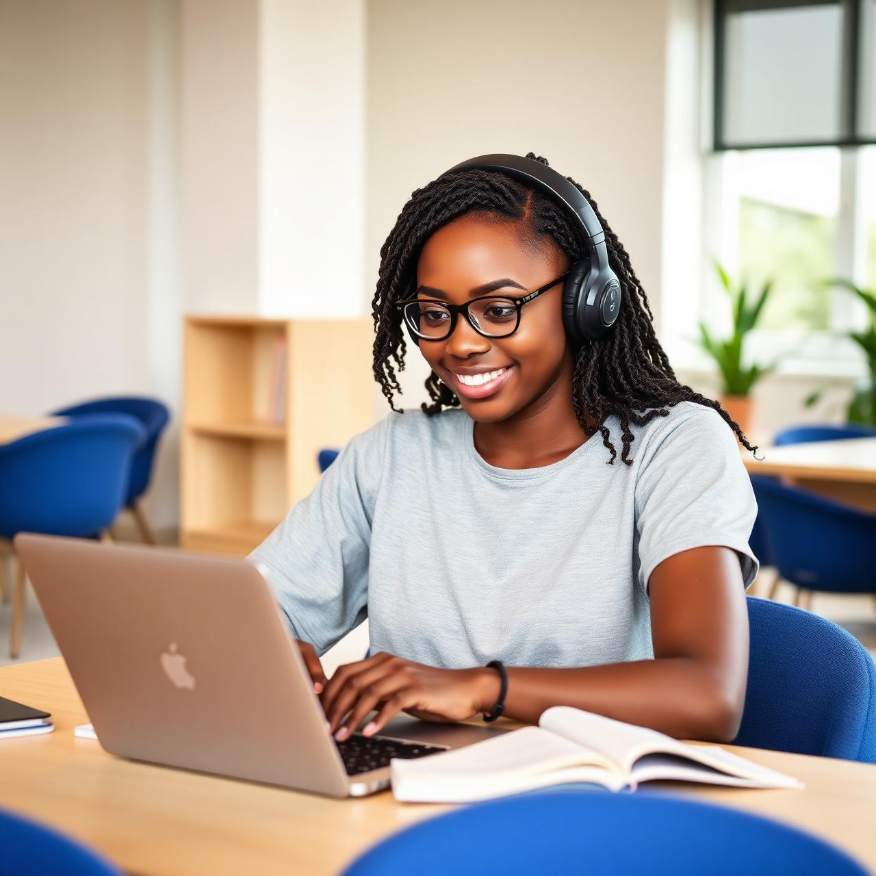A Nigerian student learning online with a laptop and study notes